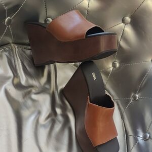 Zara Chestnut Brown Leather Platform Wedge Slides